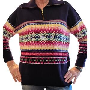 Talbots Half-Zip Sweater, Fair Isle Stripe Wool Blend Tunic Length Sz 1X XL